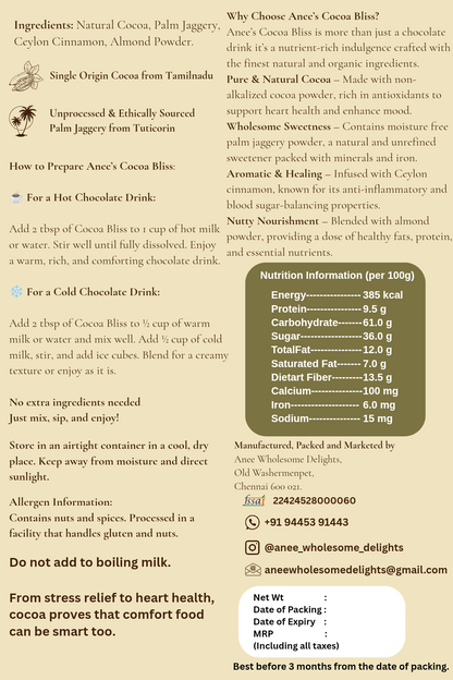 Cocoa Bliss - Instant Chocolate Drink With Palm Jaggery - Finest Ingredients Straight From Farms